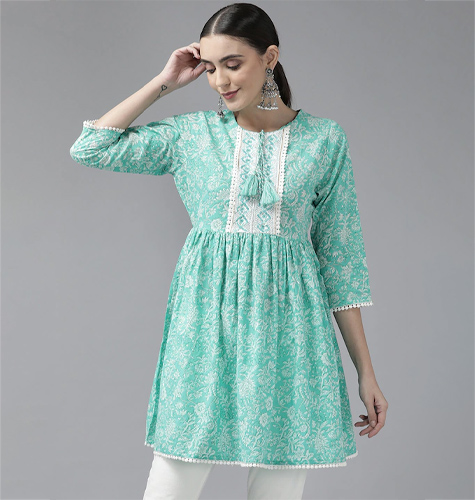 Green & White Printed Tunic with Tie-up Neck